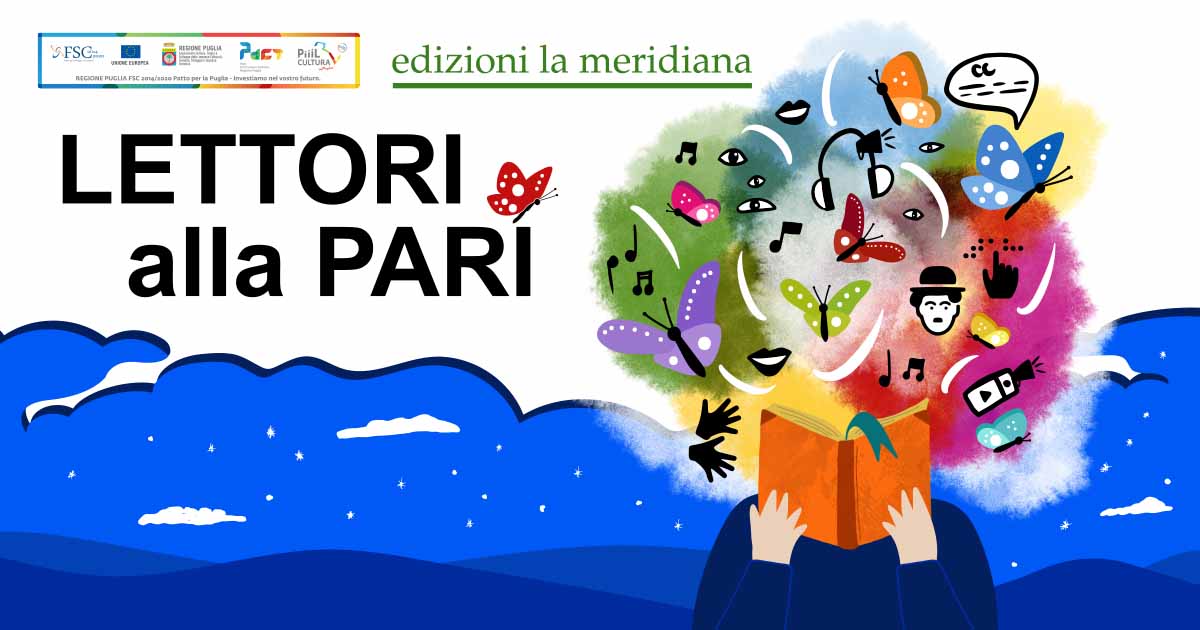 L'immagine racconta attraverso un'illustrazione il progetto "Lettori alla pari": una figura umana apre un libro che, in una nuvola di colori, assume tante forme quante sono le possibilità di accesso alle informazioni. Dall'audiodescrizione alla sottotitolazione, dalla scrittura tattile alla traduzione in simboli, le possibilità di raccontare una storia o trasmettere informazioni sono infinite. Diffondere questo concetto è lo scopo del progetto.