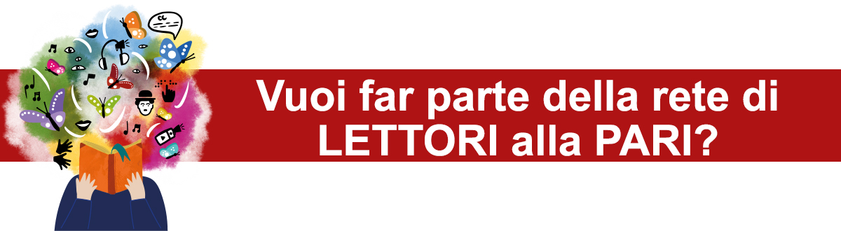 L'immagine racconta attraverso un'illustrazione il progetto "Lettori alla pari": una figura umana apre un libro che, in una nuvola di colori, assume tante forme quante sono le possibilità di accesso alle informazioni. Dall'audiodescrizione alla sottotitolazione, dalla scrittura tattile alla traduzione in simboli, le possibilità di raccontare una storia o trasmettere informazioni sono infinite. La domanda "Vuoi far parte della rete di Lettori alla Pari" invita il lettore a iscriversi alla newsletter pensata per condividere le attività del progetto..