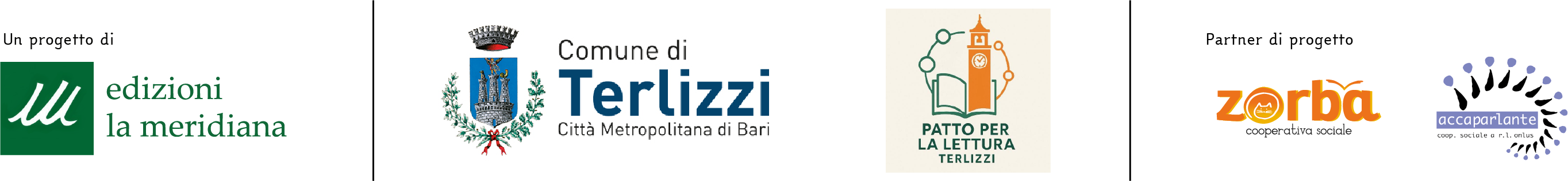 Loghi di edizioni la meridiana, comune di terlizzi, patto per la lettura di terlizzi, cooperativa sociale zorba e cooperativa accaparlante